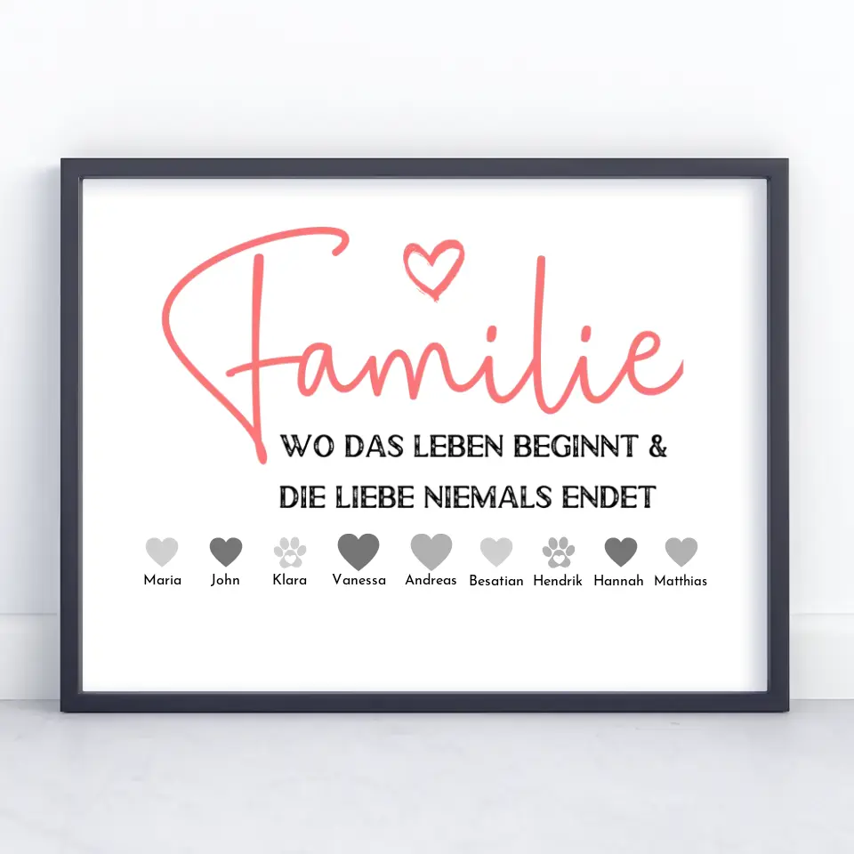 Personalisiertes Poster Familie mit Namen Familie ist wo Leben beginnt Bis zu 20 Namen
