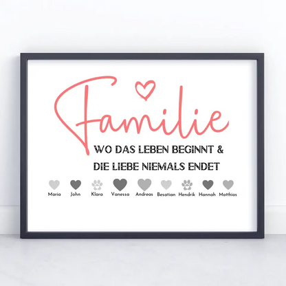 Personalisiertes Poster Familie mit Namen Familie ist wo Leben beginnt Bis zu 20 Namen