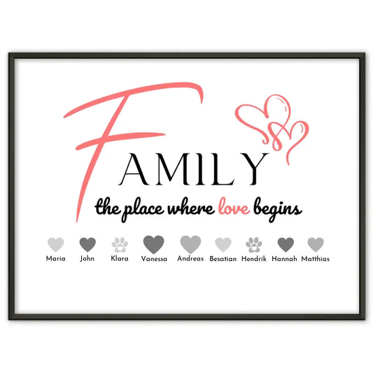 Personalisiertes Familienposter Family The Place where love begins Bis zu 20 Namen
