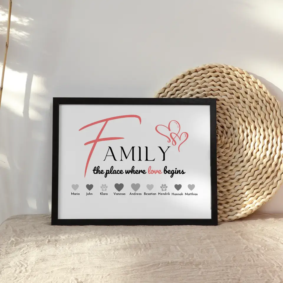 Personalisiertes Familienposter Family The Place where love begins Bis zu 20 Namen