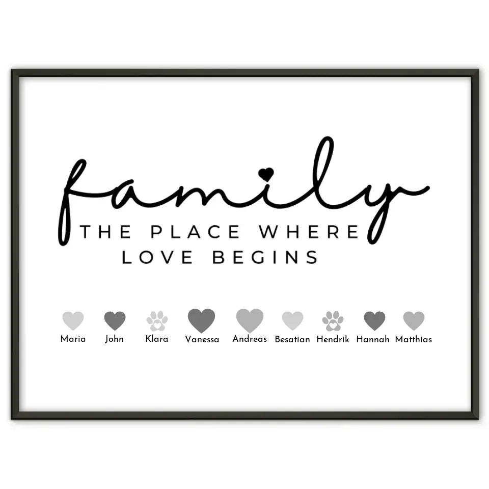 Familienposter Family The Place where love begins Bis zu 20 Namen