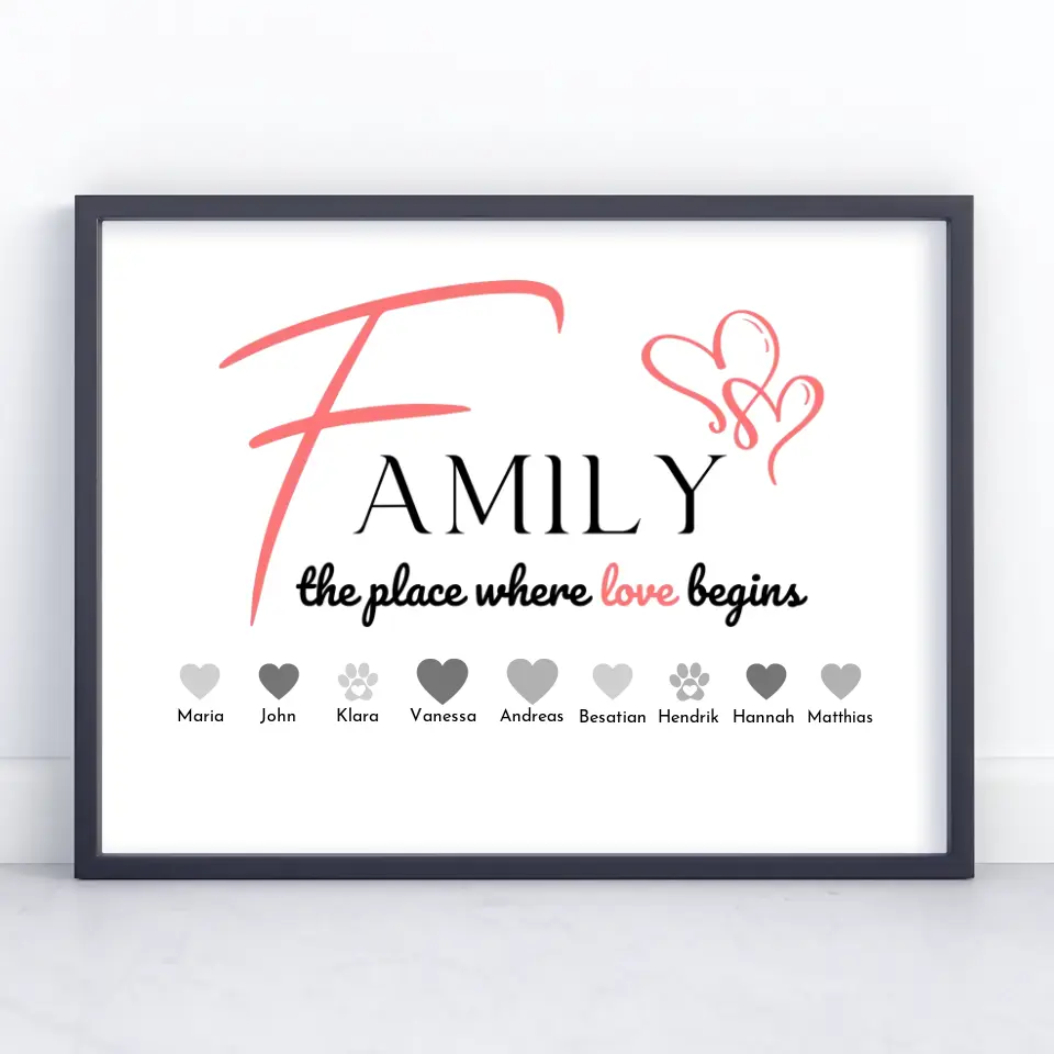 Personalisiertes Familienposter Family The Place where love begins Bis zu 20 Namen
