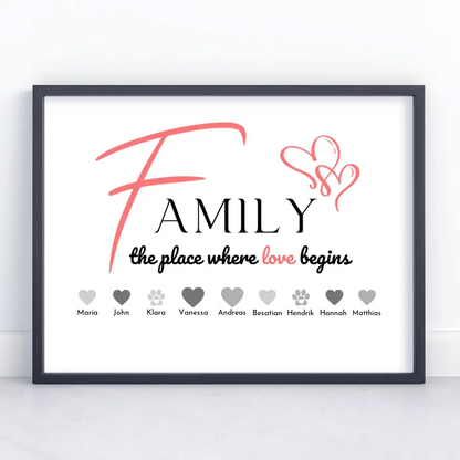 Personalisiertes Familienposter Family The Place where love begins Bis zu 20 Namen