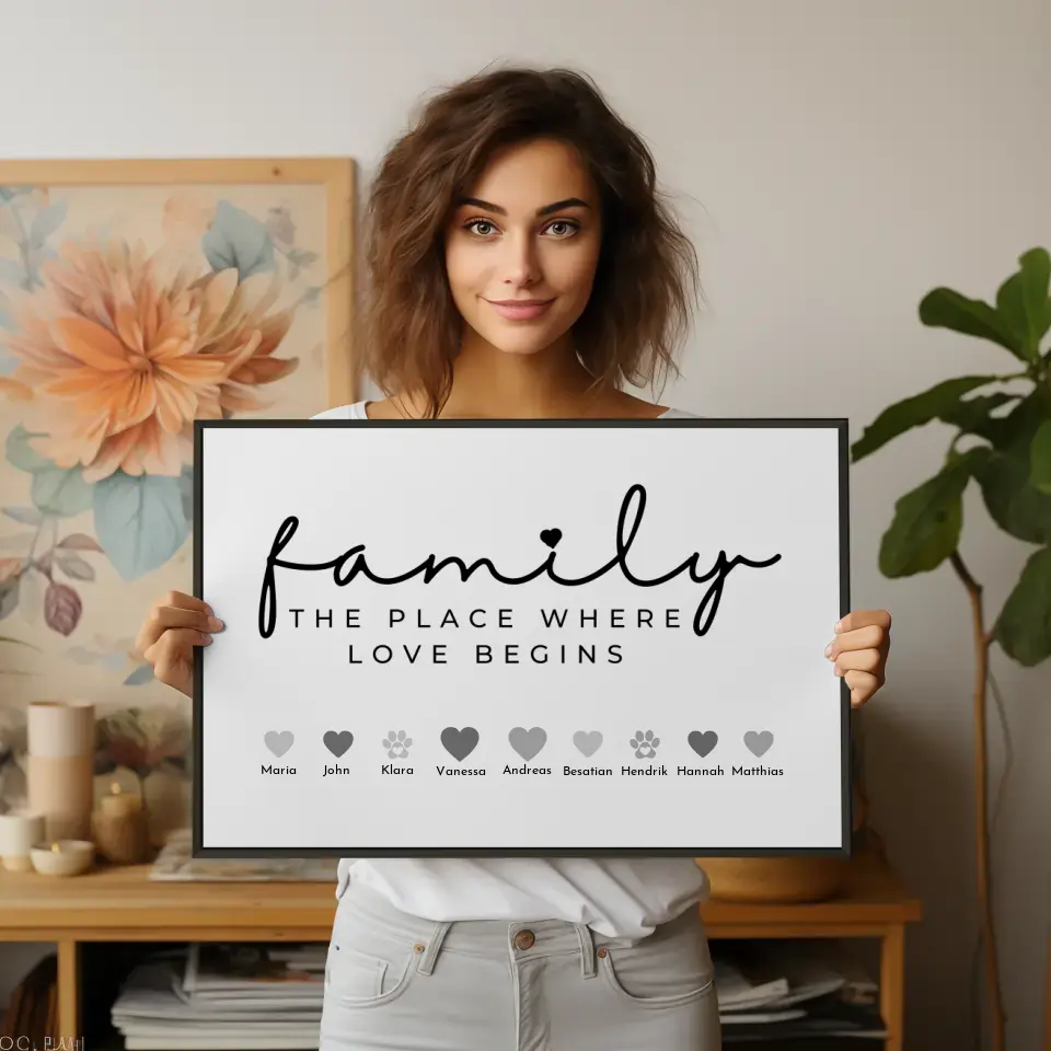 Familienposter Family The Place where love begins Bis zu 20 Namen