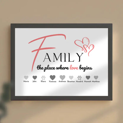 Personalisiertes Familienposter Family The Place where love begins Bis zu 20 Namen