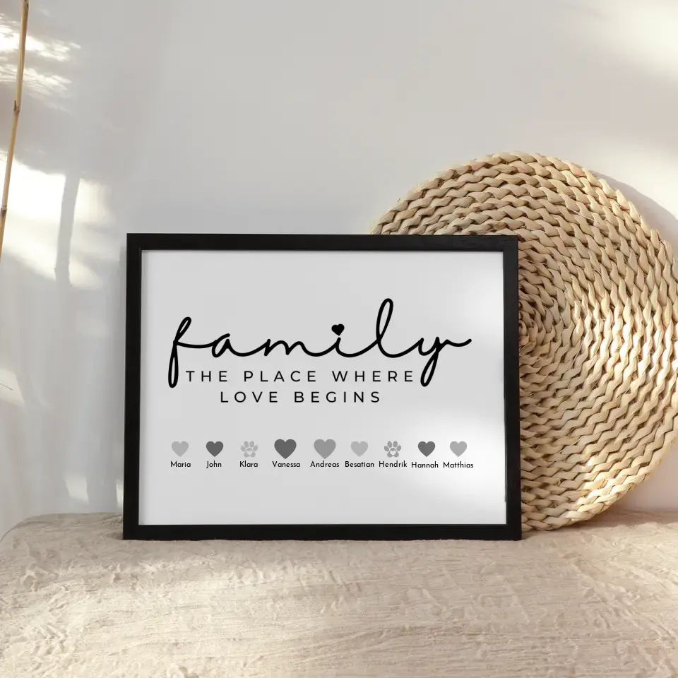 Familienposter Family The Place where love begins Bis zu 20 Namen