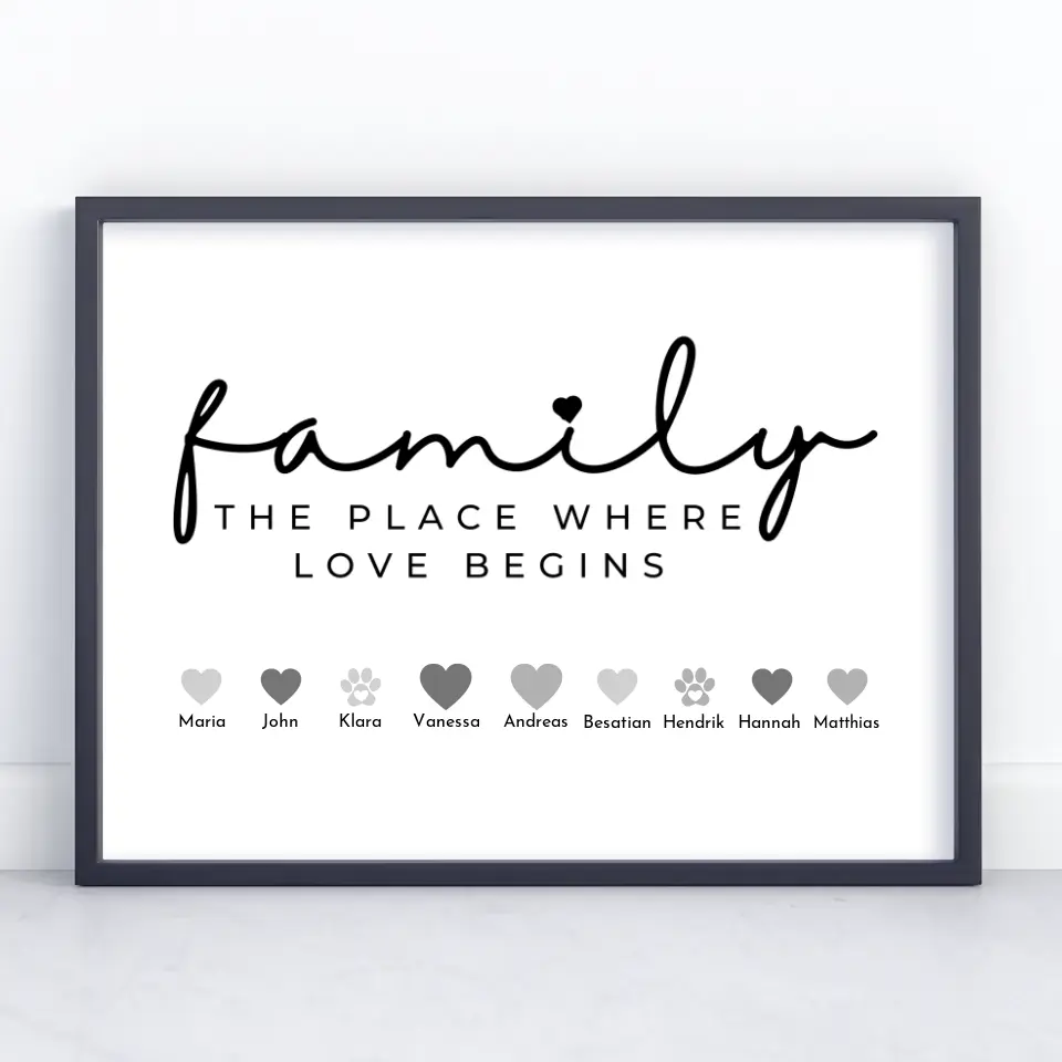 Familienposter Family The Place where love begins Bis zu 20 Namen