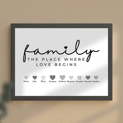 Familienposter Family The Place where love begins Bis zu 20 Namen