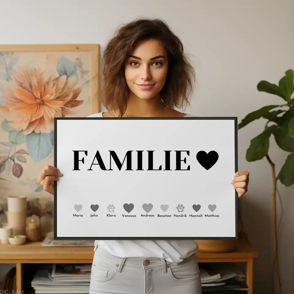 Poster Familie Familie Bis zu 20 Namen Eltern Kinder Katze Hund Pferd
