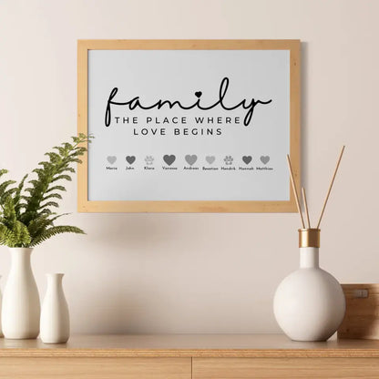 Familienposter Family The Place where love begins Bis zu 20 Namen