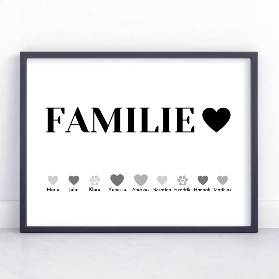 Poster Familie Familie Bis zu 20 Namen Eltern Kinder Katze Hund Pferd