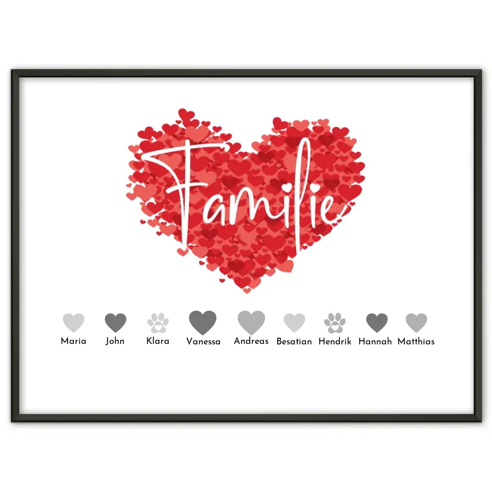 Personalisiertes Poster Familie mit Namen Familie Eltern Kinder Katze Hund Pferd