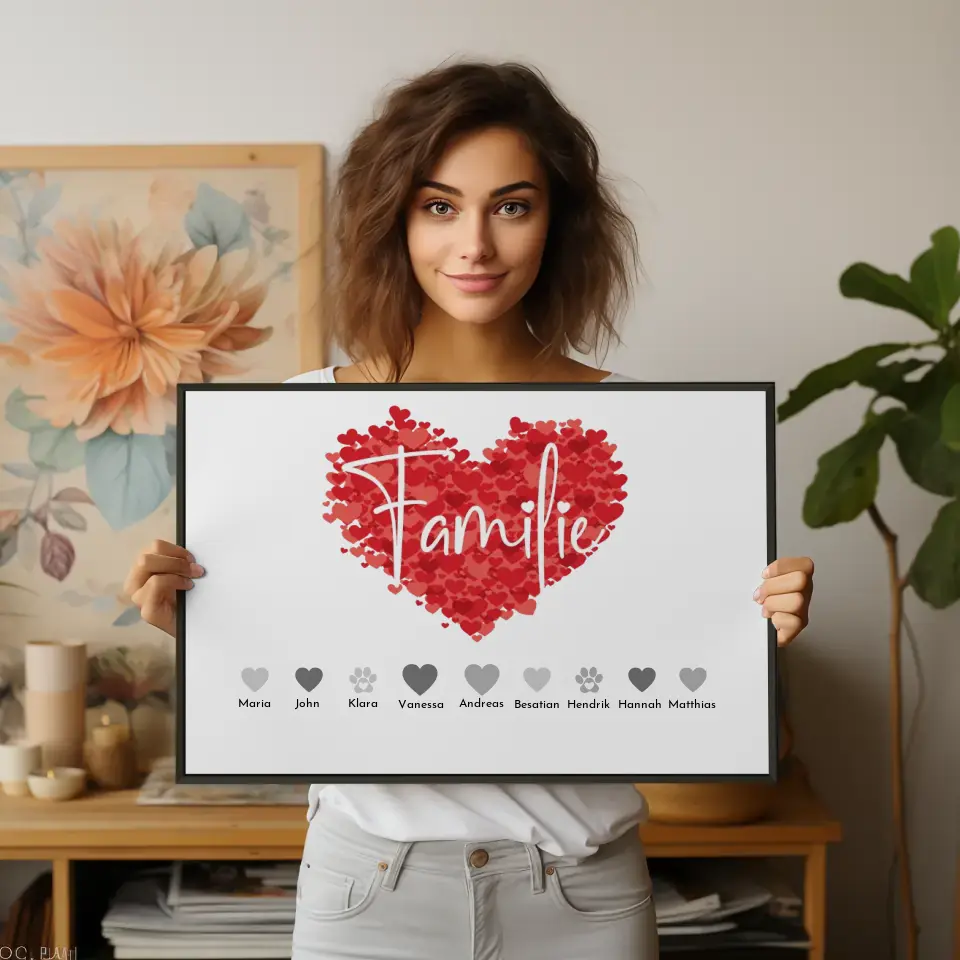 Personalisiertes Poster Familie mit Namen Familie Eltern Kinder Katze Hund Pferd