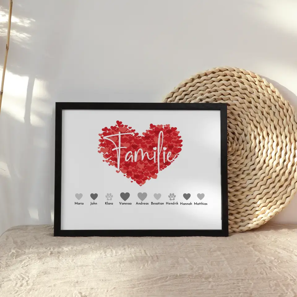 Personalisiertes Poster Familie mit Namen Familie Eltern Kinder Katze Hund Pferd