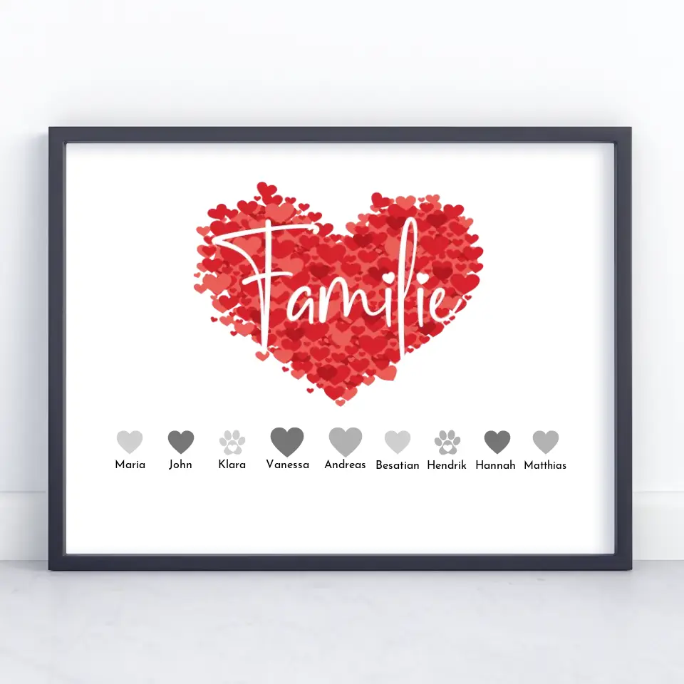 Personalisiertes Poster Familie mit Namen Familie Eltern Kinder Katze Hund Pferd