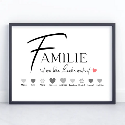 Familienposter Familie ist wo Liebe wohnt Bis zu 20 Namen
