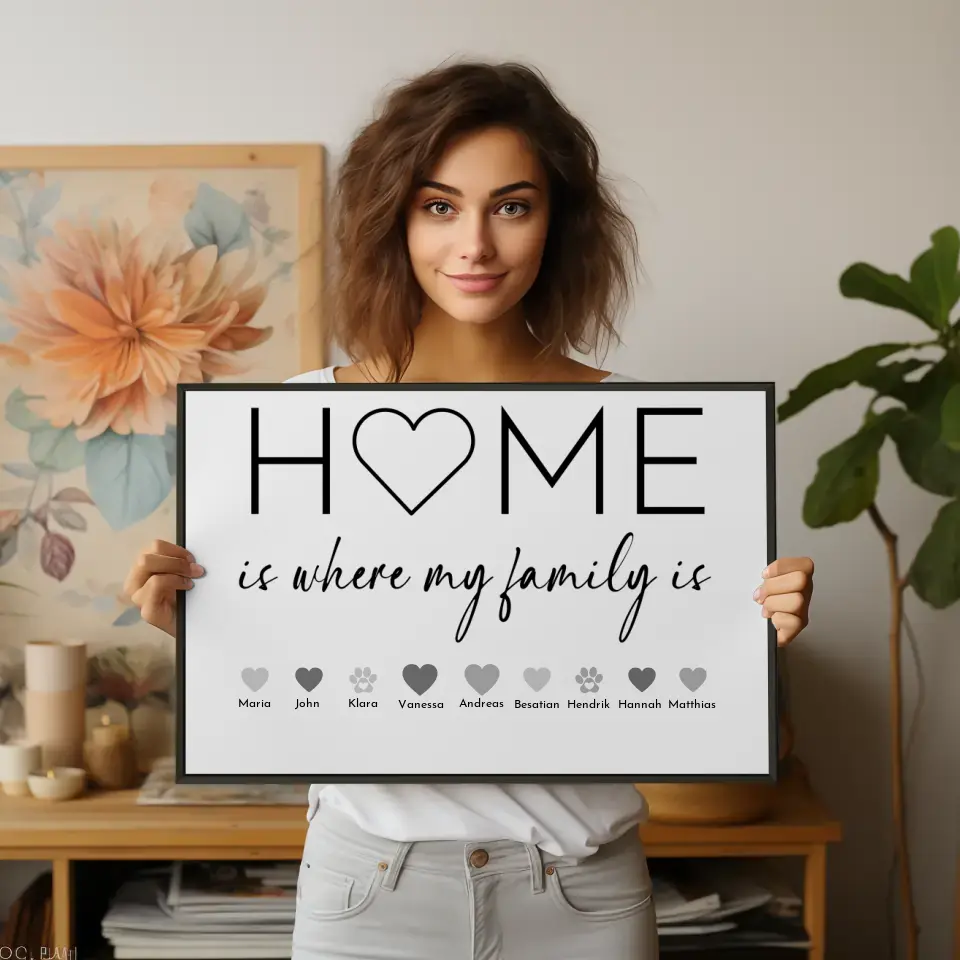 Familienposter Personalisiert Home is where my family is Bis 20 Namen
