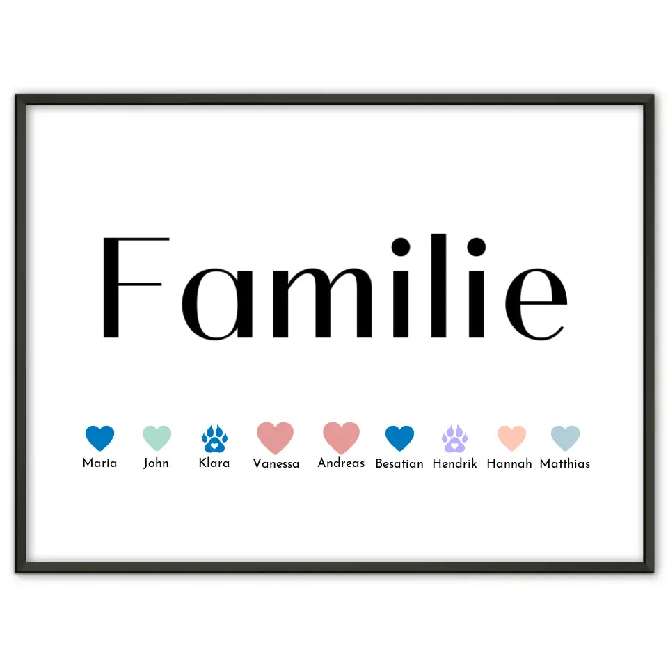 Familienposter Familie Eltern Kinder Katze Hund Pferd Bis zu 20 Namen