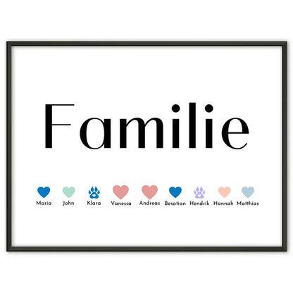 Familienposter Familie Eltern Kinder Katze Hund Pferd Bis zu 20 Namen