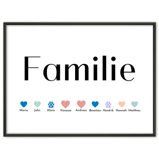 Familienposter Familie Eltern Kinder Katze Hund Pferd Bis zu 20 Namen