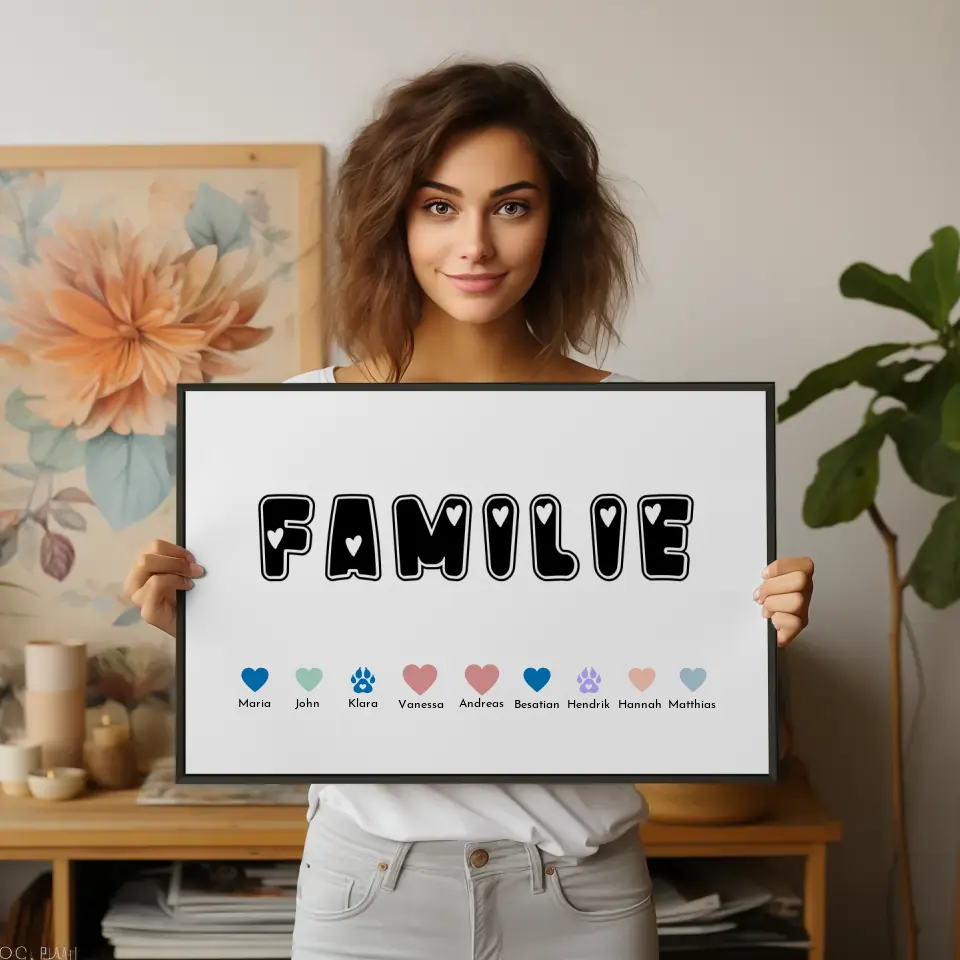 Familien Poster Familie Eltern Kinder Katze Hund Pferd Bis zu 20 Namen