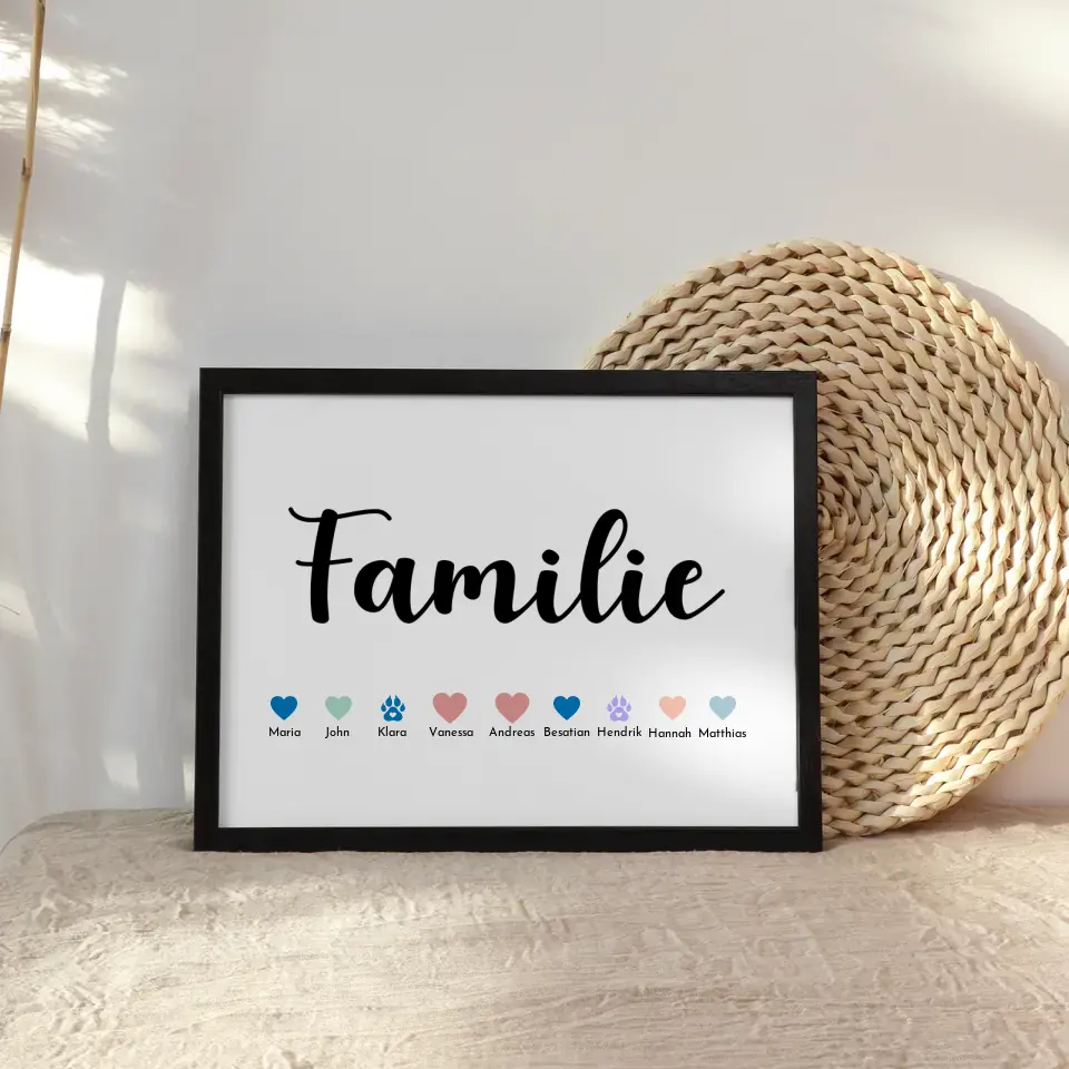 Familienposter mit Namen Familie Eltern Kinder Katze Hund Pferd Bis zu 20 Namen