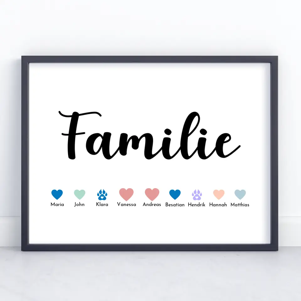 Familienposter mit Namen Familie Eltern Kinder Katze Hund Pferd Bis zu 20 Namen