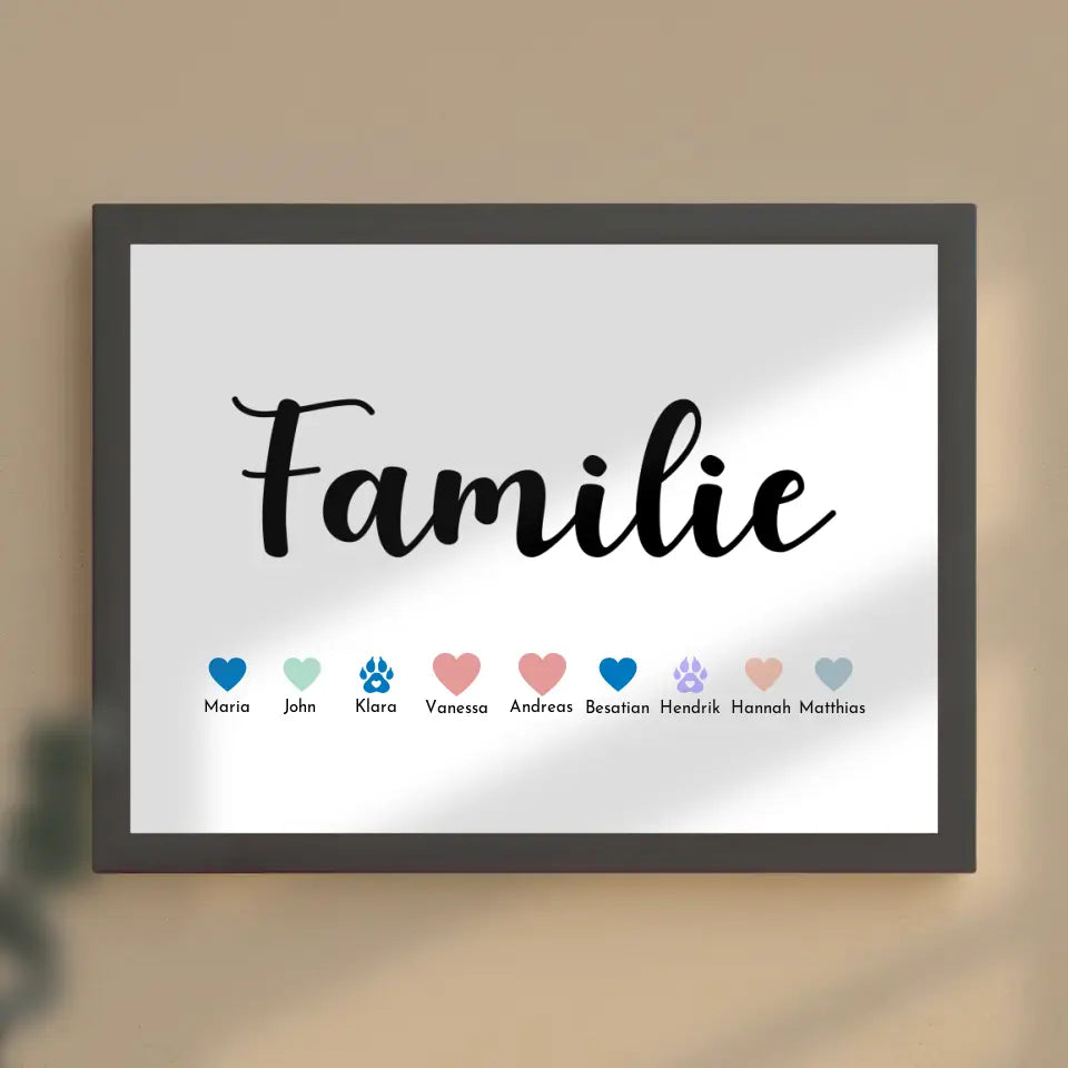 Familienposter mit Namen Familie Eltern Kinder Katze Hund Pferd Bis zu 20 Namen