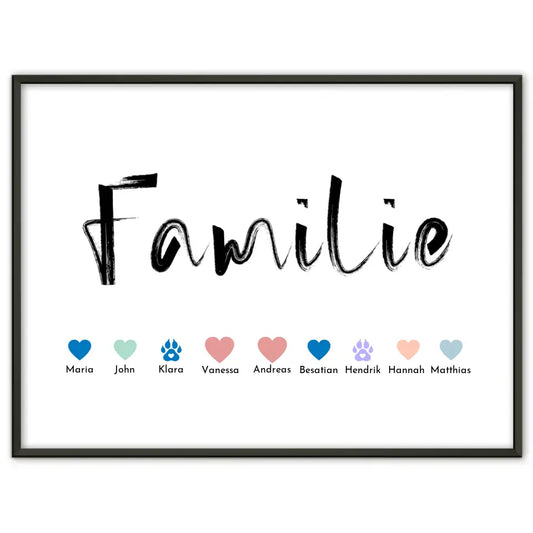 Personalisiertes Poster Familie mit Namen Familie Pinselstil Eltern Kinder Katze Hund Pferd Bis zu 20 Namen