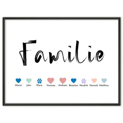 Personalisiertes Poster Familie mit Namen Familie Pinselstil Eltern Kinder Katze Hund Pferd Bis zu 20 Namen