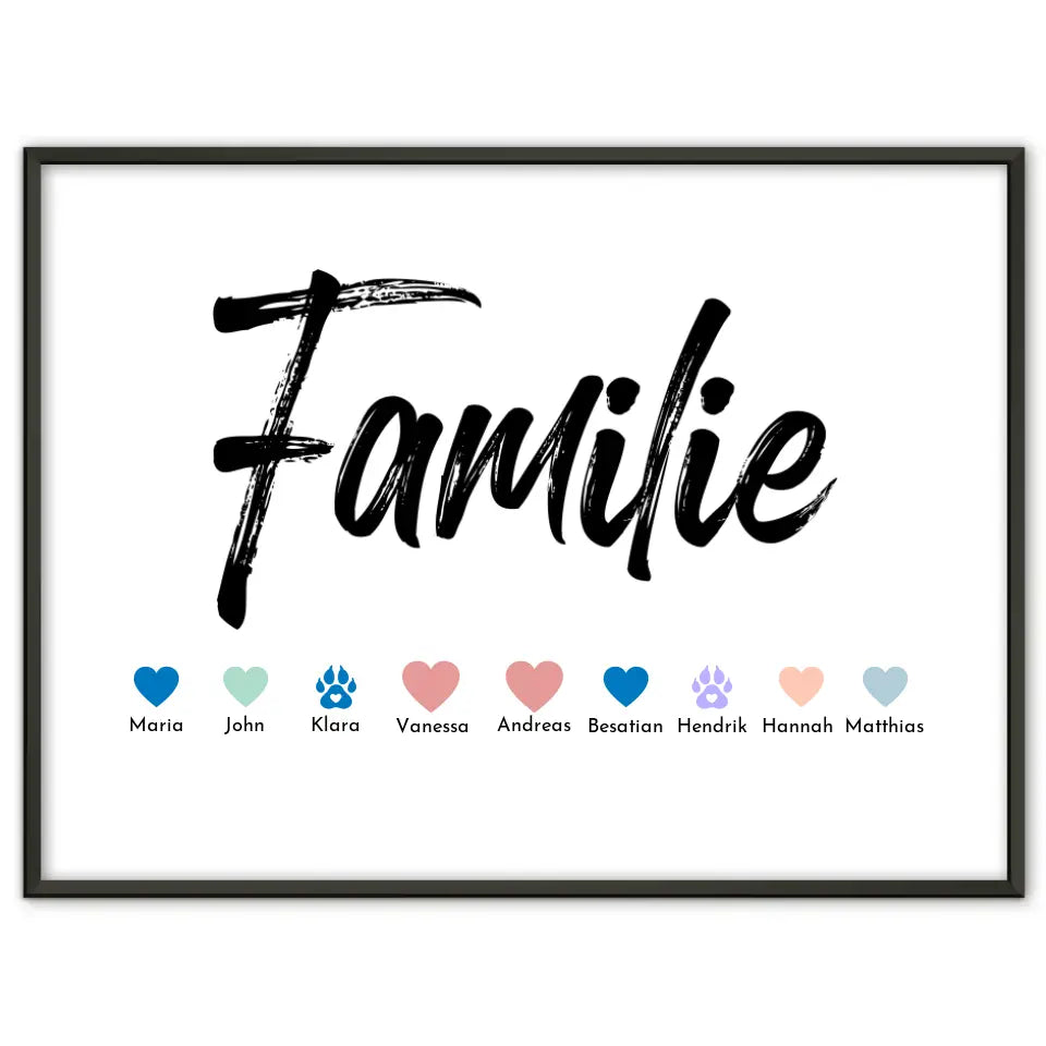 Familienposter Familie Pinselstil Eltern Kinder Katze Hund Pferd Bis zu 20 Namen