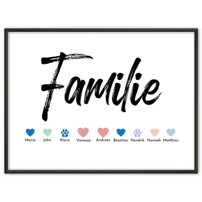 Familienposter Familie Pinselstil Eltern Kinder Katze Hund Pferd Bis zu 20 Namen