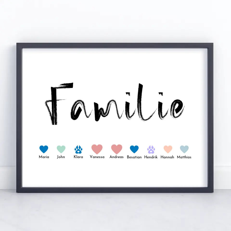 Personalisiertes Poster Familie mit Namen Familie Pinselstil Eltern Kinder Katze Hund Pferd Bis zu 20 Namen