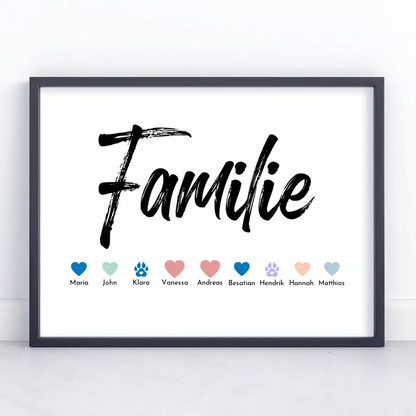 Familienposter Familie Pinselstil Eltern Kinder Katze Hund Pferd Bis zu 20 Namen