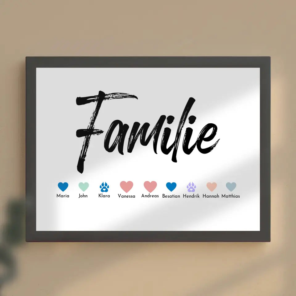 Familienposter Familie Pinselstil Eltern Kinder Katze Hund Pferd Bis zu 20 Namen