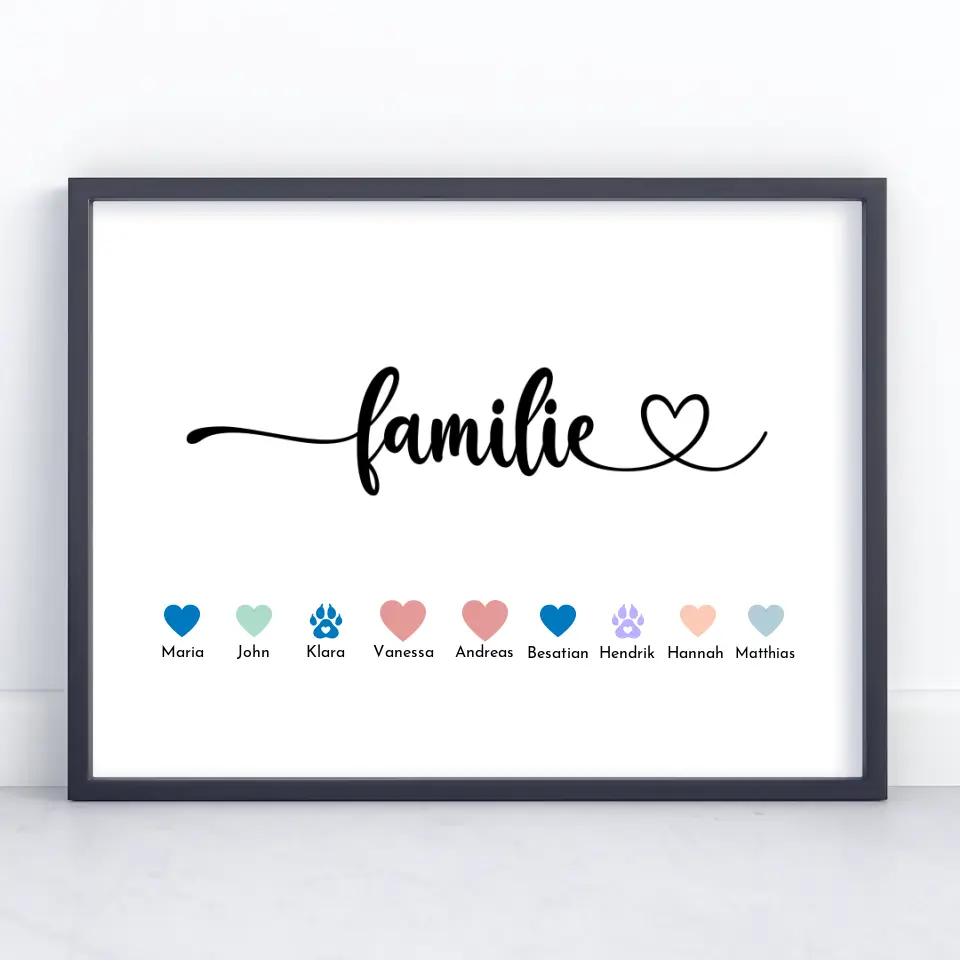 Familienposter mit Namen Eltern Kinder & Tieren Bis zu 20 Namen