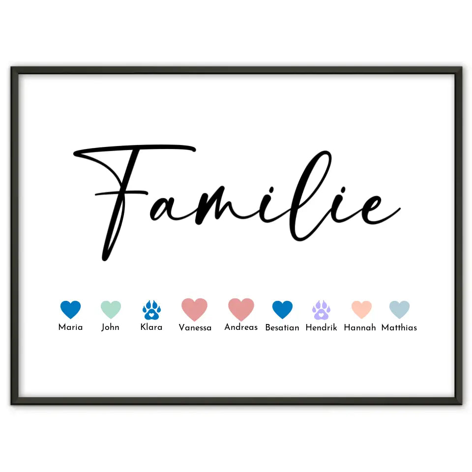 Personalisiertes Poster Familie mit Namen Eltern Kinder & Tiere