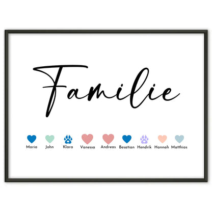 Personalisiertes Poster Familie mit Namen Eltern Kinder & Tiere