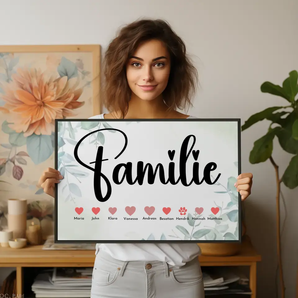 Familienposter Floral Eltern Kinder & Tieren Bis zu 20 Namen