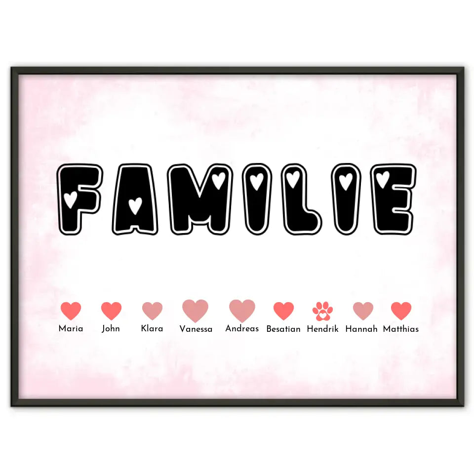 Poster Familie Herz Buchstaben Eltern Kinder & Tieren Bis zu 20 Namen
