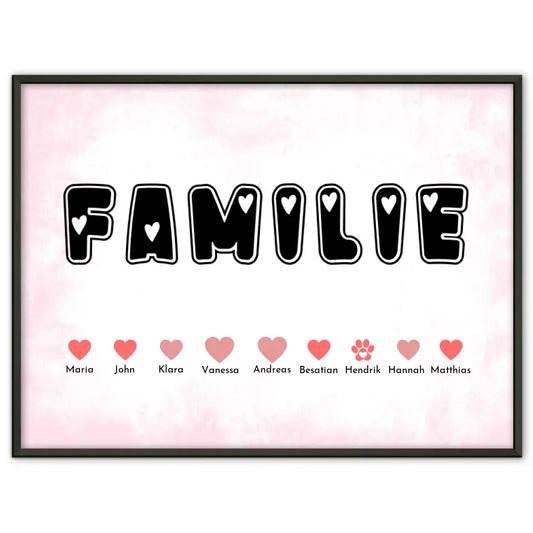 Poster Familie Herz Buchstaben Eltern Kinder & Tieren Bis zu 20 Namen