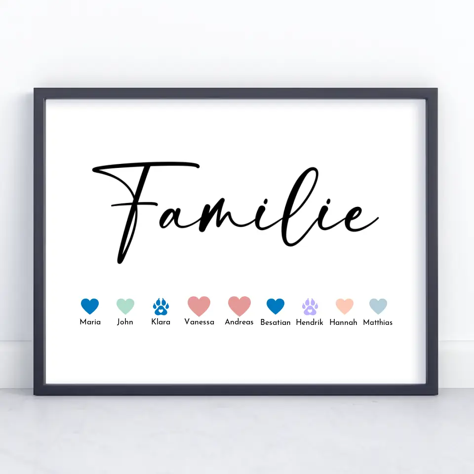 Personalisiertes Poster Familie mit Namen Eltern Kinder & Tiere