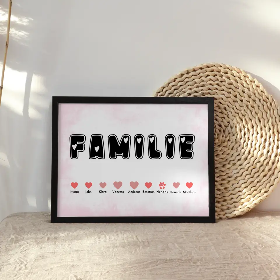 Poster Familie Herz Buchstaben Eltern Kinder & Tieren Bis zu 20 Namen