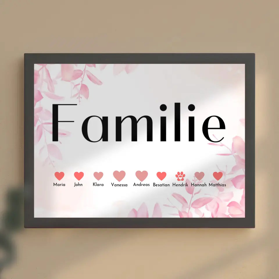 Familien Poster Rosa Blüten Eltern Kinder Katze Hund Pferd Bis zu 20 Namen