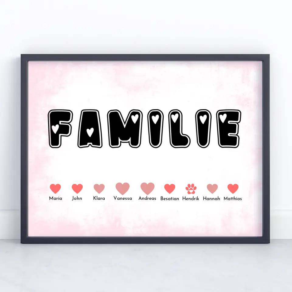 Poster Familie Herz Buchstaben Eltern Kinder & Tieren Bis zu 20 Namen