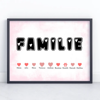 Poster Familie Herz Buchstaben Eltern Kinder & Tieren Bis zu 20 Namen
