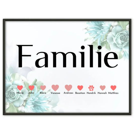 Personalisiertes Familienposter Blaue Blüten Eltern Kinder & Tieren