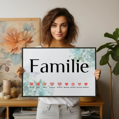 Personalisiertes Familienposter Blaue Blüten Eltern Kinder & Tieren