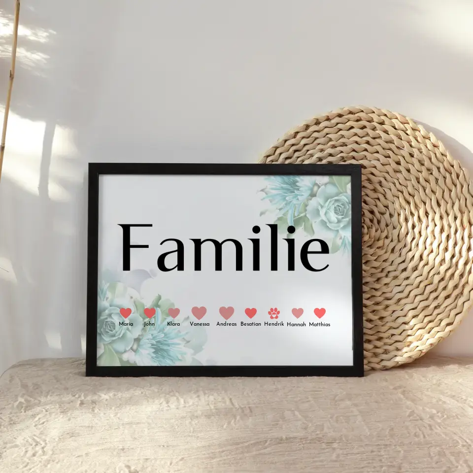 Personalisiertes Familienposter Blaue Blüten Eltern Kinder & Tieren