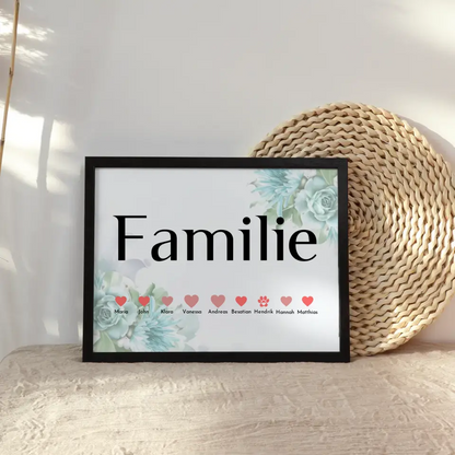 Personalisiertes Familienposter Blaue Blüten Eltern Kinder & Tieren